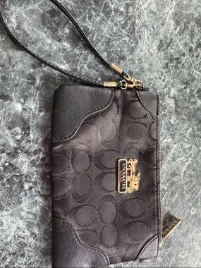 Coach Black Signature Wristlet with Gold Logo